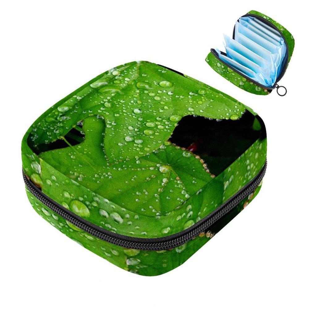 Zippered Menstrual Pad Bag, Feminine Hygiene Pouch (Wild Green with Dewdrops)