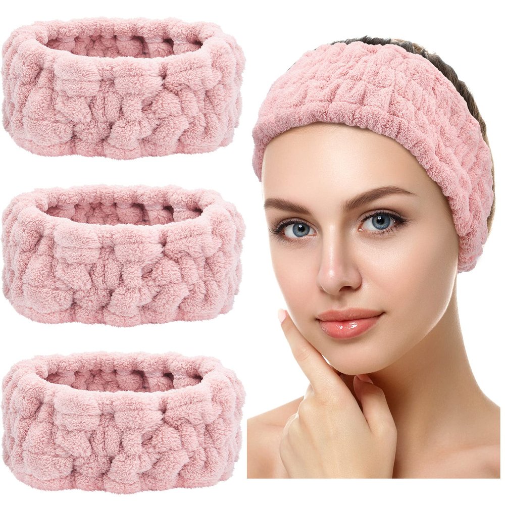 Chuangdi Spa Headbands for Women, Soft Terry Cloth, 3-Pack, Pink