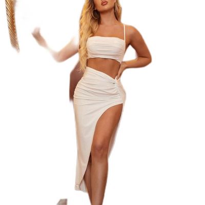 CHAOYI Sexy Dress Set for Women, Backless Crop Top and High-Slit Skirt Matching Set, Female Club Party Two-Piece Set, White, L