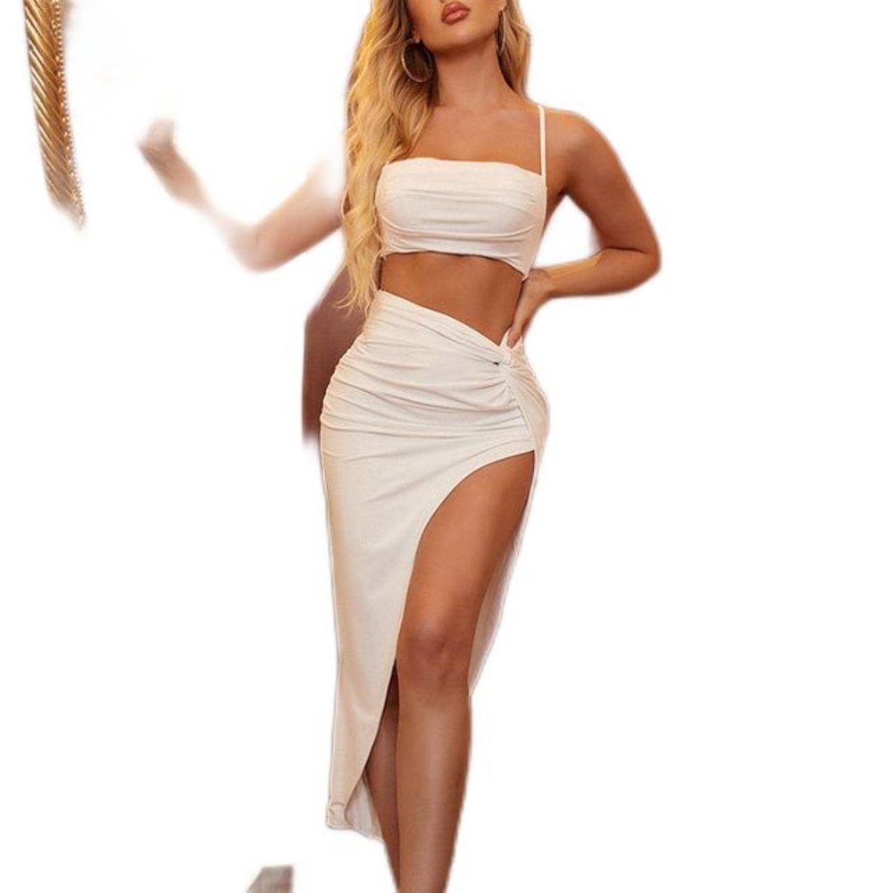 CHAOYI Sexy Dress Set for Women, Backless Crop Top and High-Slit Skirt Matching Set, Female Club Party Two-Piece Set, White, L