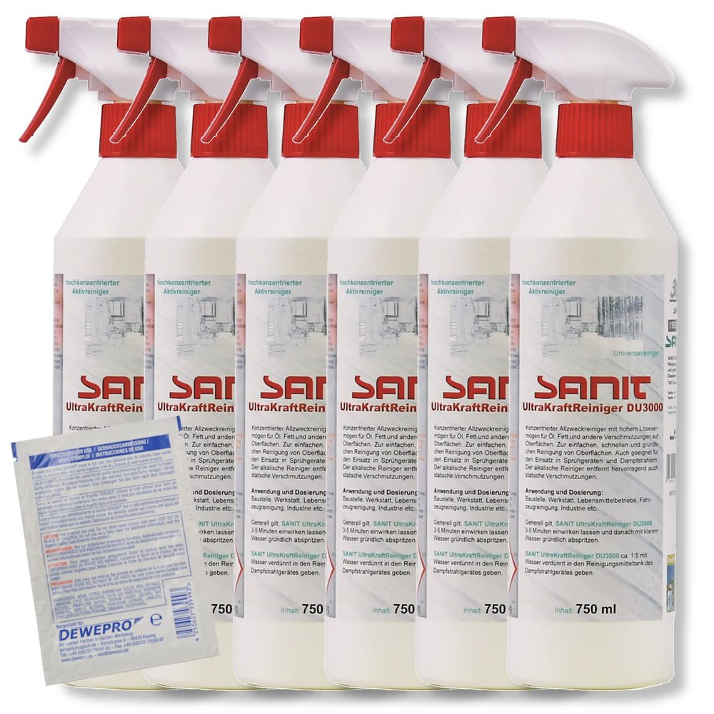 DEWEPRO Set: SANIT Ultra-Strength Cleaner DU3000 (3013), 6 x 750 mL, incl. 1 DEWEPRO SingleScrubs