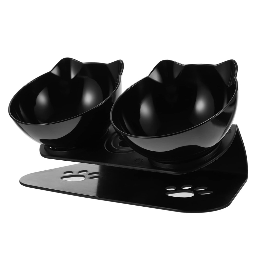 Elevated Double Pet Bowl with 15° Incline, Plastic, Black