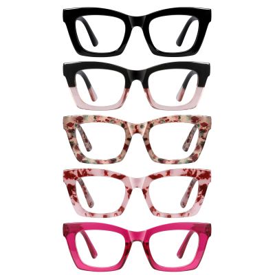 Reading Glasses for Women and Men, Blue-Light Blocking, 5-Pack, UV Filter, Spring Hinges, Square Frames (1.00x)