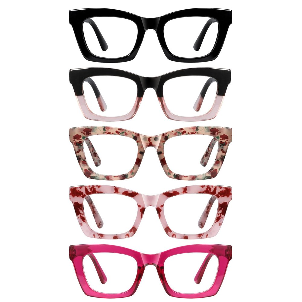 Reading Glasses for Women and Men, Blue-Light Blocking, 5-Pack, UV Filter, Spring Hinges, Square Frames (1.00x)