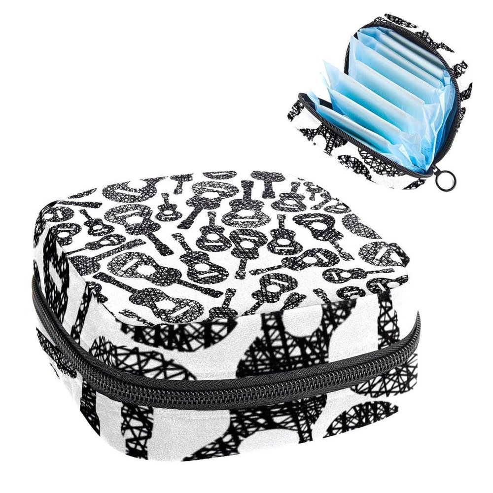 Portable Menstrual Product Storage Pouch, Zippered, Guitar Music Design