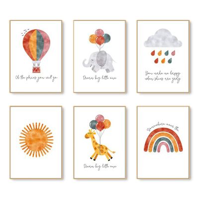 EXQUILEG Nursery Decor Posters for Girls and Boys, Baby Room Rainbow, Sun and Animal Wall Art, 6-Piece Set | Frames Not Included (21 x 30 cm)