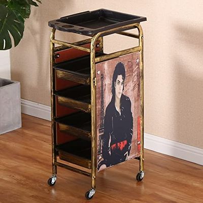 Black Salon Rolling Cart with 4–5 Drawers, Wheels, and 5 Trays