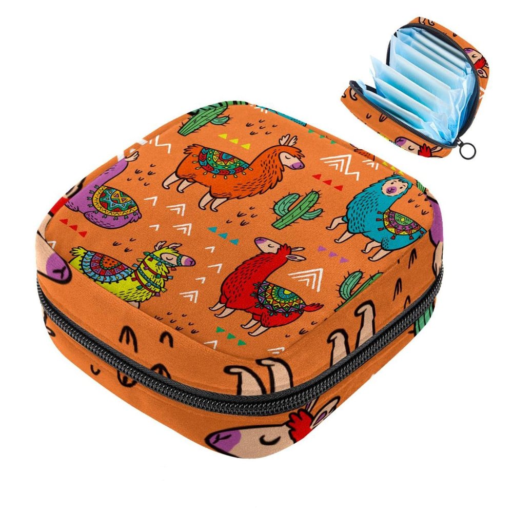 Women's Sanitary Pad Storage Bag, Menstrual Cup Travel Organizer, Large Capacity, Llama Alpaca Cactus Pattern