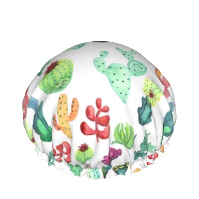 Reusable Women's Shower Cap with Stretch Edge, Watercolor Cactus and Succulent Design