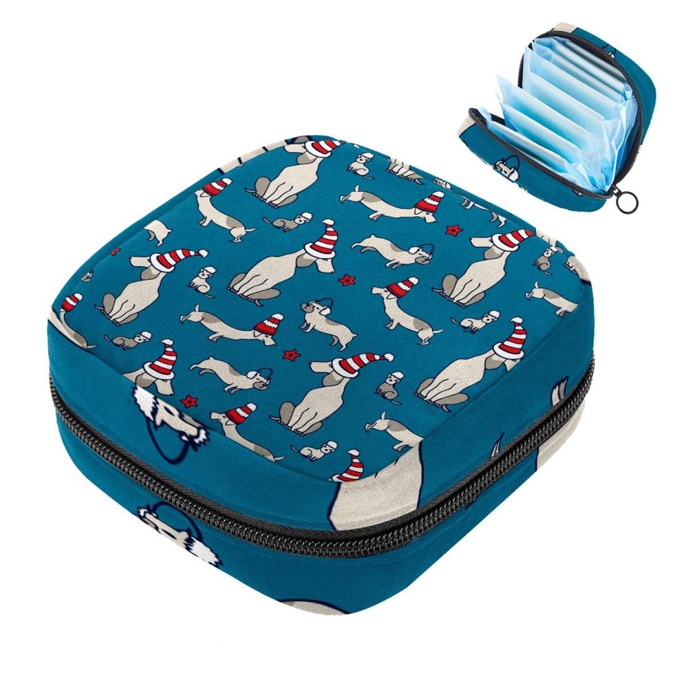 Dachshund Puppy Christmas Hat Pattern Sanitary Pad Storage Bag with Zipper