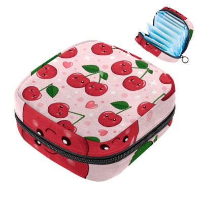 Red Cherry Pink Heart Period Pad Storage Bag for Women and Girls