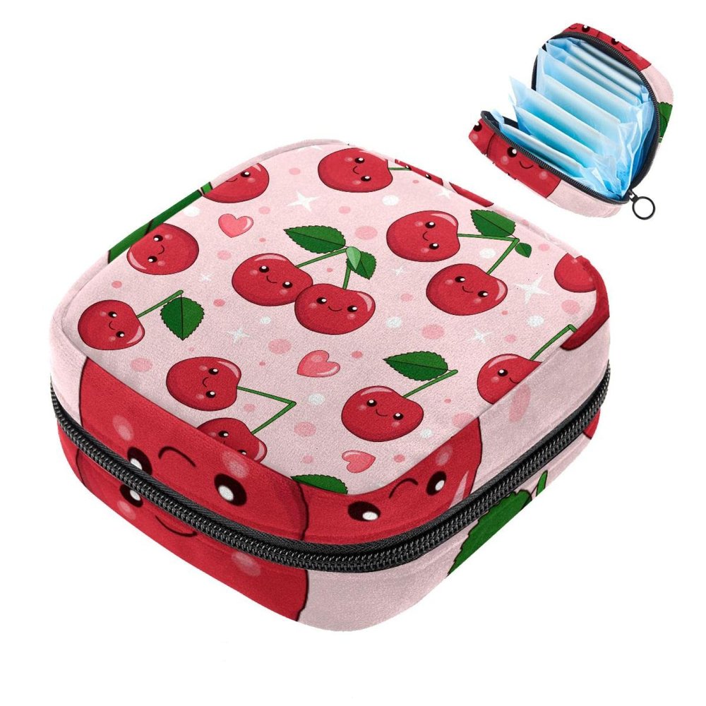 Red Cherry Pink Heart Period Pad Storage Bag for Women and Girls