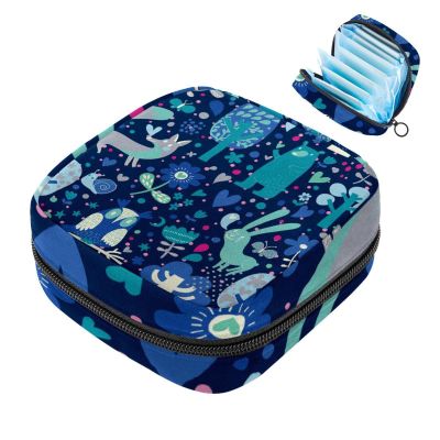 Menstrual Pad Bag with Zipper, Blue Forest Animal Pattern