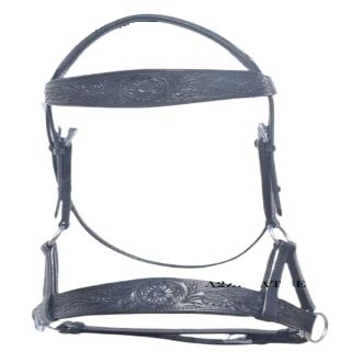 SHOWMEN CRAFT Black Side-Pull Bitless Bridle with Hand-Tooled Oval Browband and Noseband