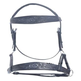 SHOWMEN CRAFT Black Side-Pull Bitless Bridle with Hand-Tooled Oval Browband and Noseband