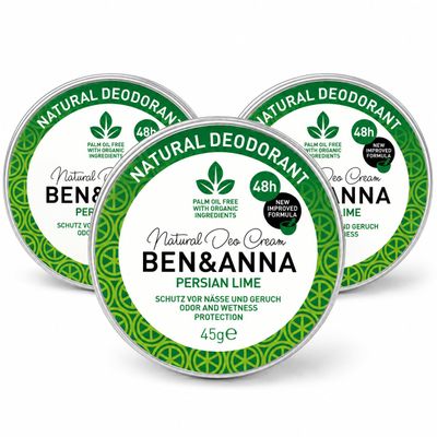 BEN & ANNA Persian Lime Deodorant Cream, 45 g, for Sensitive Skin, 3-Pack