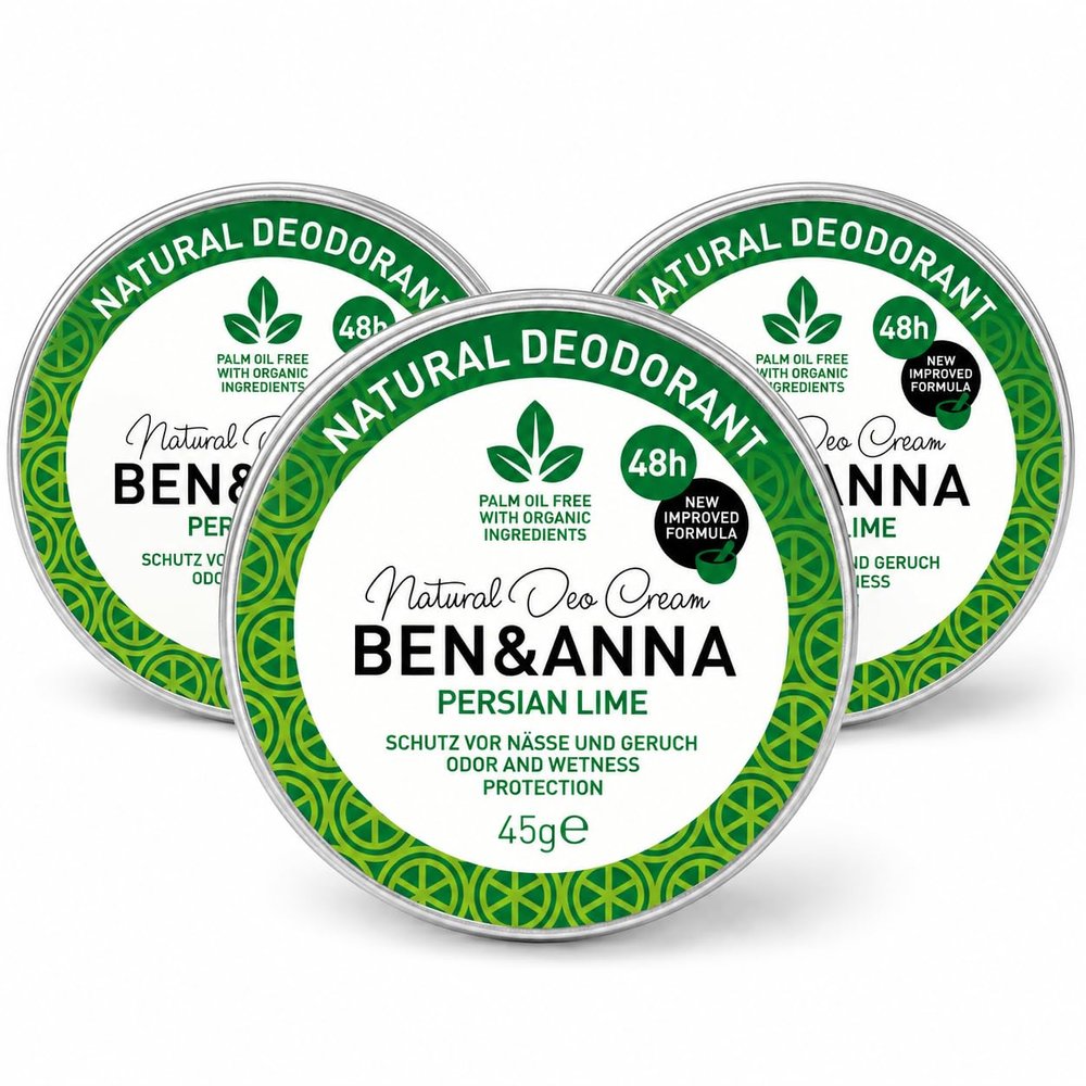 BEN & ANNA Persian Lime Deodorant Cream, 45 g, for Sensitive Skin, 3-Pack