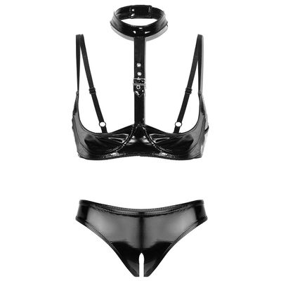 Winying Women's Open-Cup Push-Up Bra and Faux Leather Panty Lingerie Set, Black, 4XL