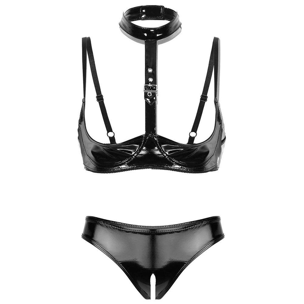 Winying Women's Open-Cup Push-Up Bra and Faux Leather Panty Lingerie Set, Black, 4XL