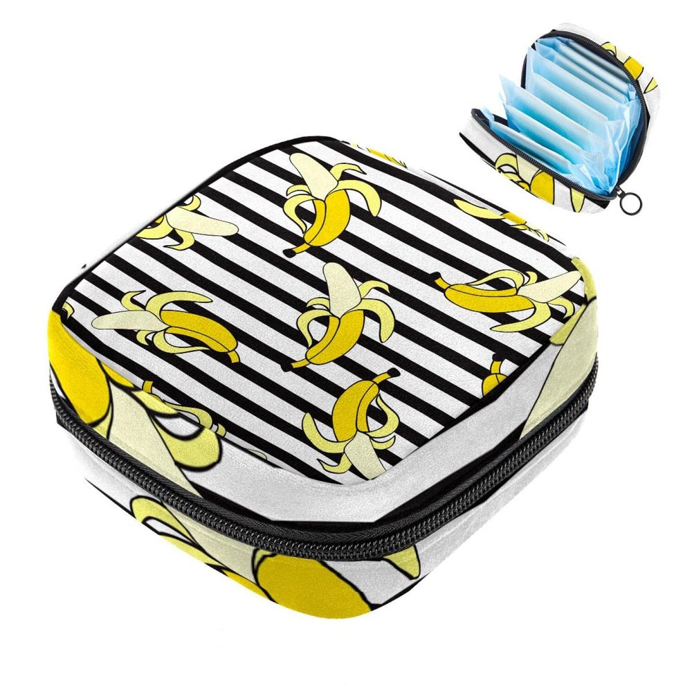 Sanitary Pad Storage Bag, Menstrual Cup Travel Organizer, Banana Stripe Pattern