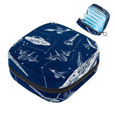 Women's Menstrual Pad Storage Bag, Navy Blue Spaceship Design