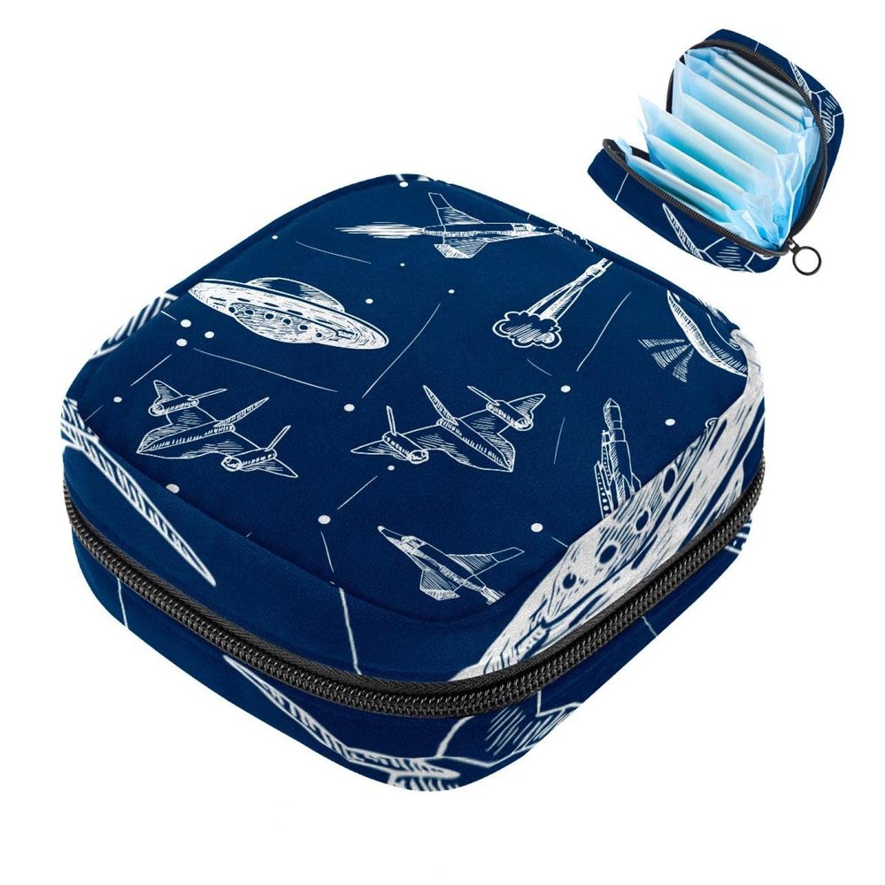 Women's Menstrual Pad Storage Bag, Navy Blue Spaceship Design