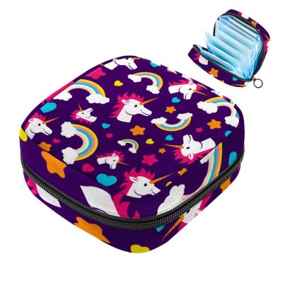 Colorful Cartoon Unicorn Rainbow Heart Star Pattern Zippered Period Storage Bag