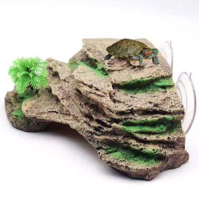 hisunfarm Turtle Basking Platform with Suction Cups, Reptile Resin Climbing Ledge Aquarium Decor with Artificial Plant (Rock Yellow)