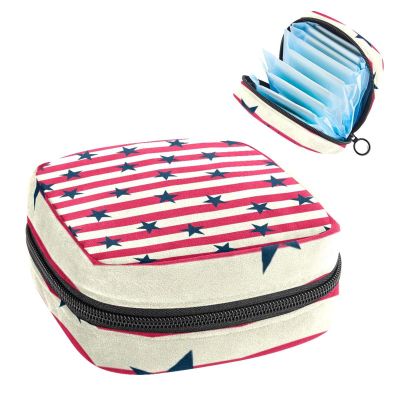Portable Menstrual Product Storage Pouch with Zipper, Red, White, Navy Blue, Striped and Star Patterns