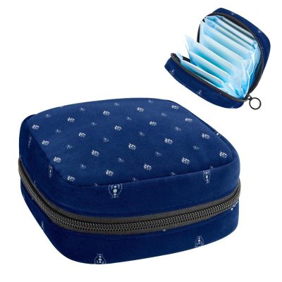 Portable Menstrual Product Storage Bag, Navy Blue Floral, Zipper Pouch