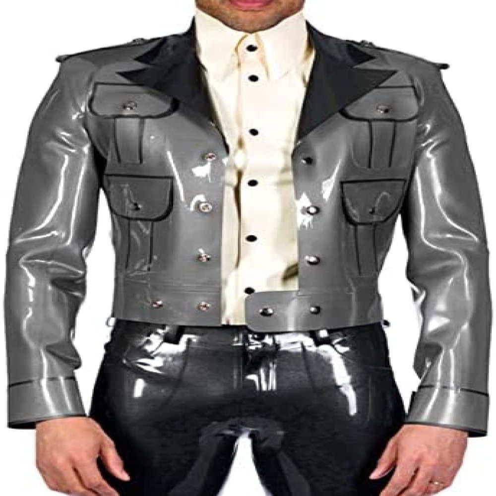 Latex Jacket with Front Buttons and Turn-Down Collar, Black with Navy Blue, XXL