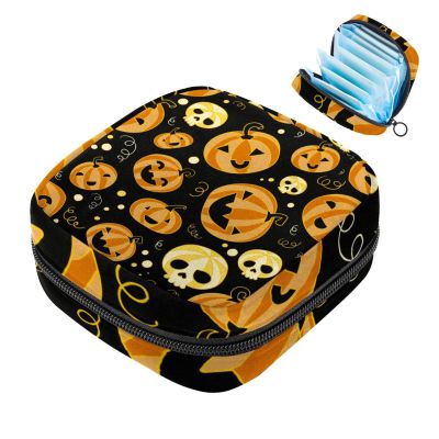 Women's Sanitary Pad Storage Bag with Halloween Pumpkin Skull Pattern