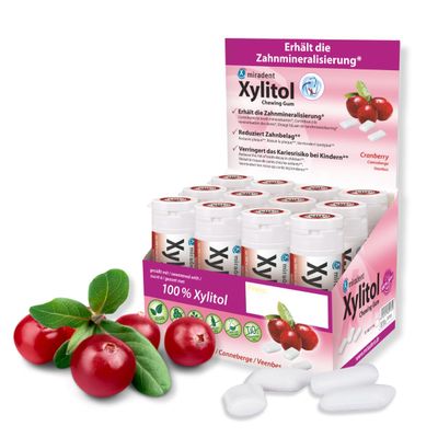 miradent Xylitol Cranberry Dental Care Gum, 12-Piece Display | Fruity Flavor | Sugar-Free | Vegan | Helps Prevent Cavities | On the Go