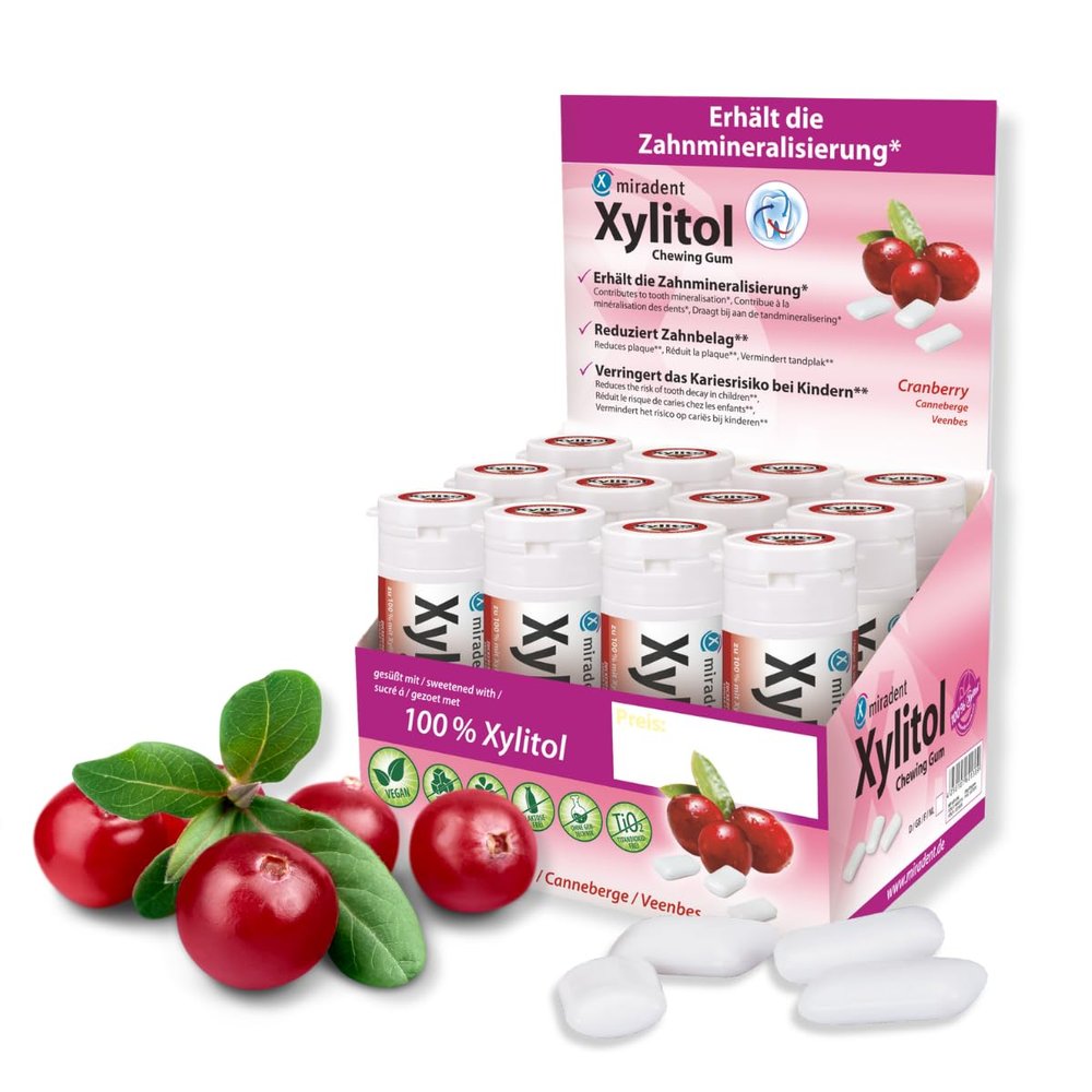 miradent Xylitol Cranberry Dental Care Gum, 12-Piece Display | Fruity Flavor | Sugar-Free | Vegan | Helps Prevent Cavities | On the Go