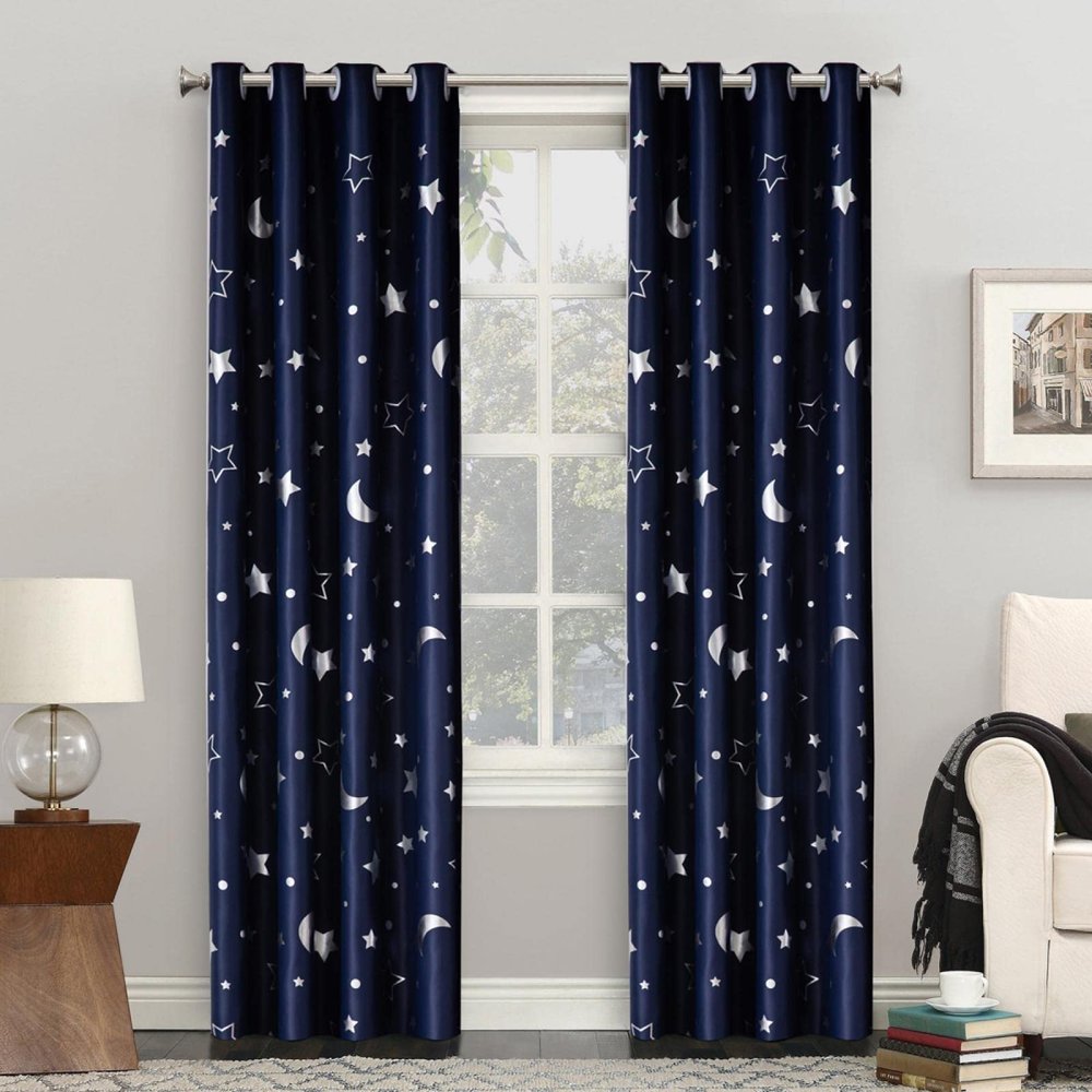 XIANGPEIFBH Shimmering Stars and Moon Blackout Curtains for Kids' Room, Custom Size 133 W x 241 H cm, Set of 2