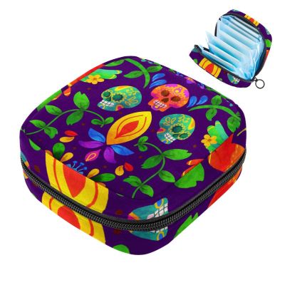 Sanitary Pad Storage Bag, Colorful Skull Menstrual Cup, Portable Period Pouch for Girls and Women