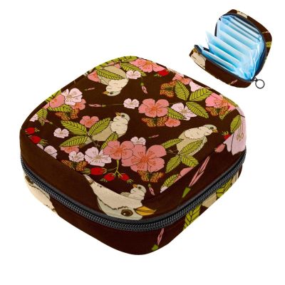 Women's Pad Storage Bag, Retro Pink and White Floral Bird Pattern