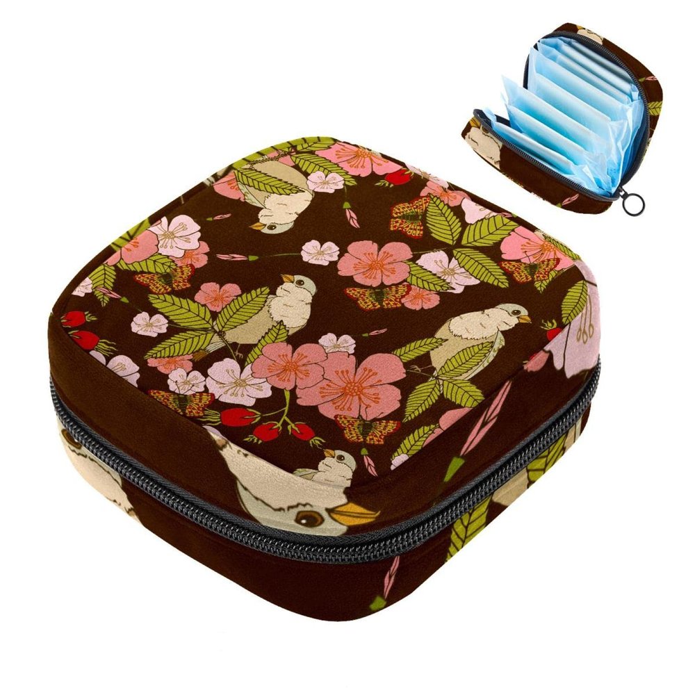 Women's Pad Storage Bag, Retro Pink and White Floral Bird Pattern