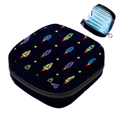 Zippered Menstrual Pad Pouch for Women and Girls, Tampon Storage Bag (Spaceship Stars)
