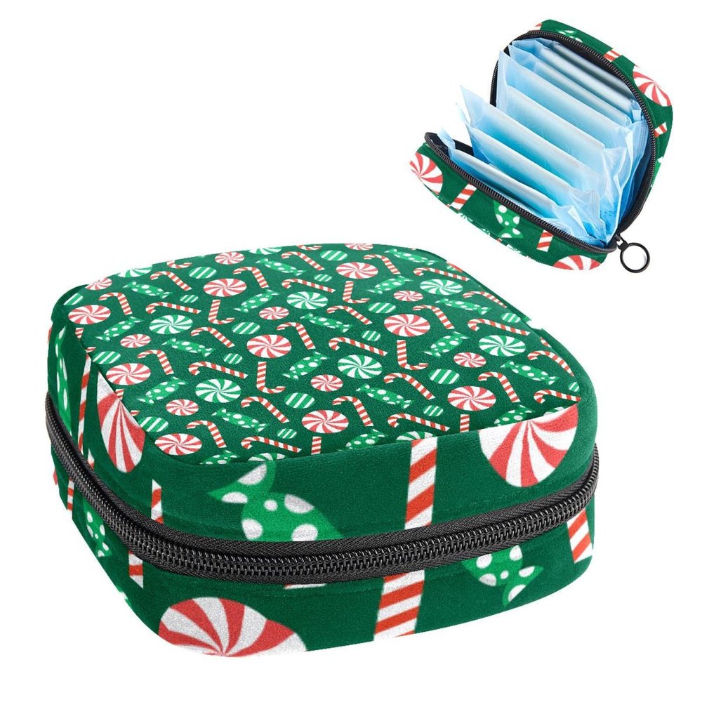 Women’s Period Product Storage Bag, Portable Zipper Pouch, Green Christmas Candy Pattern