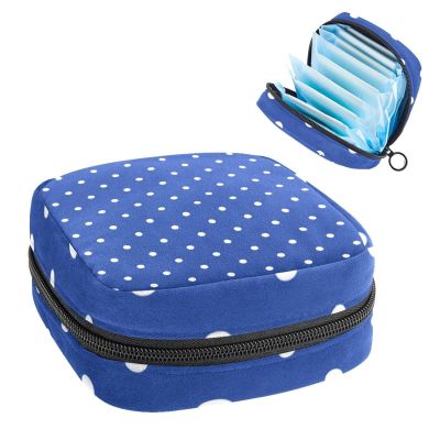 Portable Period Product Storage Bag, White and Blue Polka Dot