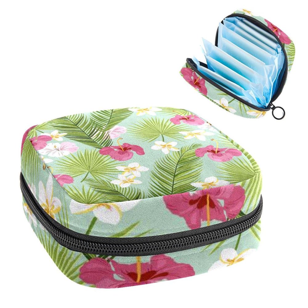 Women's Period Product Storage Pouch with Zipper, Tropical Flowers and Leaves