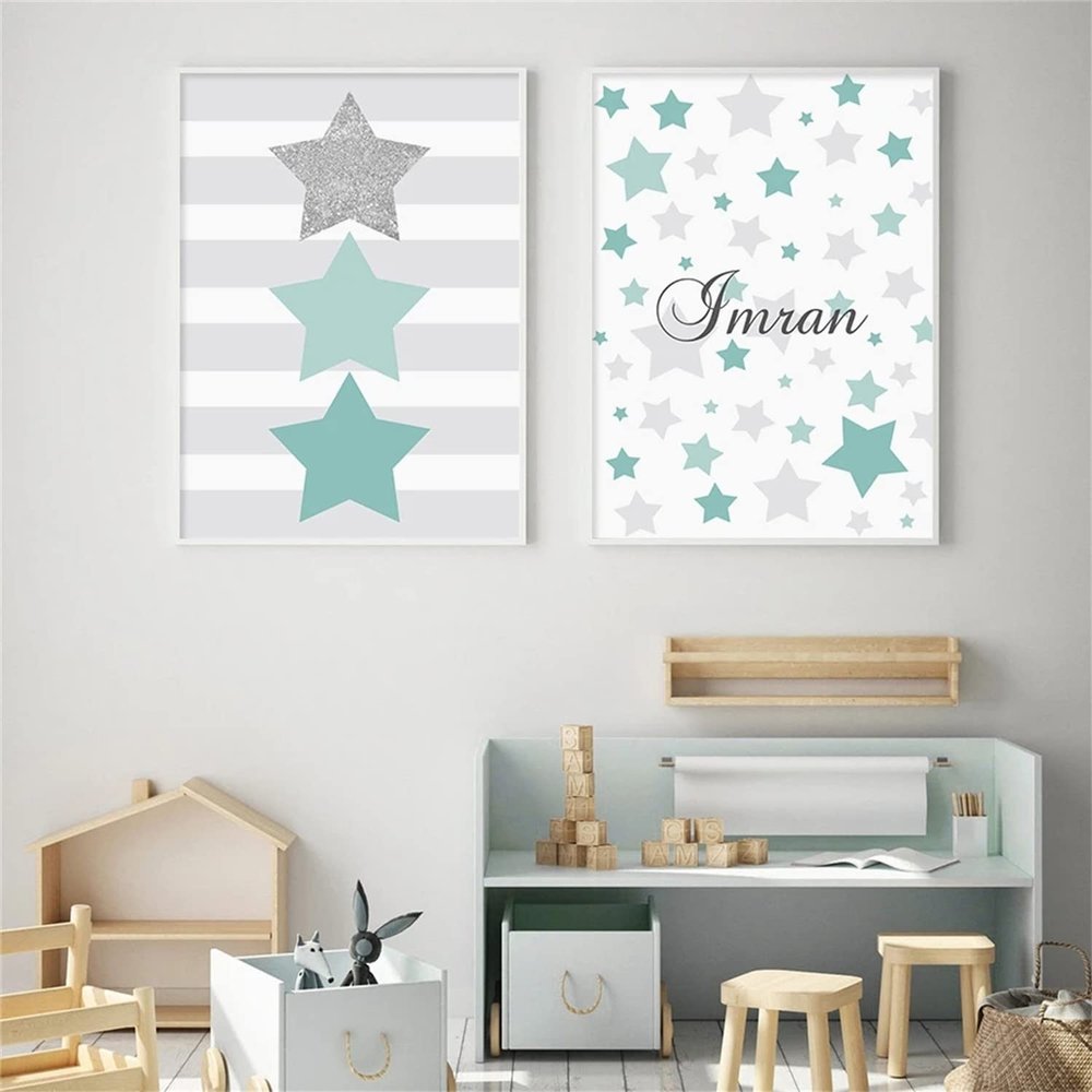 Sarah Duke 2-Piece Nursery Poster Set, Blue Stars, Unframed, A4 (21 × 30 cm)