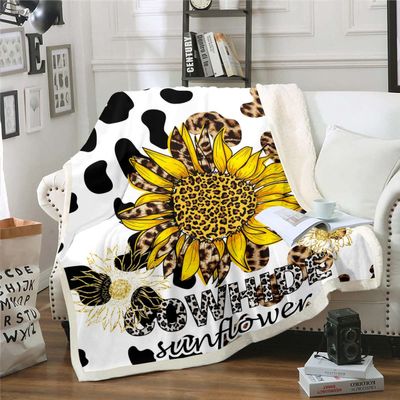 Cowhide Floral Blanket 130 x 150 cm, Leopard Print Fleece Throw, Black Brown Yellow