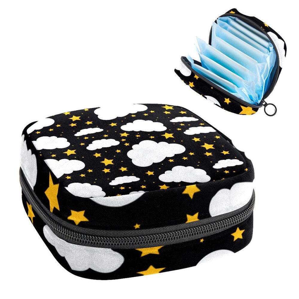 Portable Period Product Storage Bag with Zipper, Stars and White Clouds