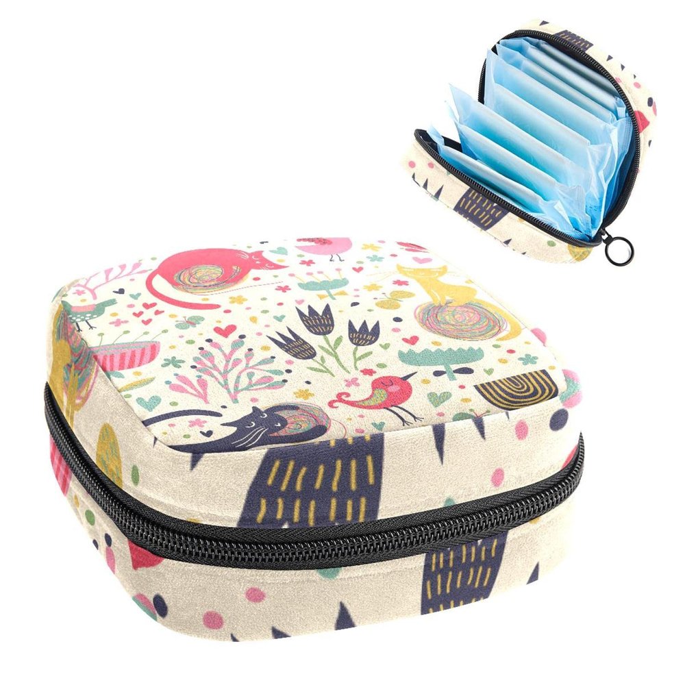 Women's Menstrual Product Storage Bag with Zipper, Birds, Cat and Floral Design