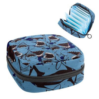 Portable Menstrual Product Storage Bag with Zipper, Blue Shark-Tooth Pattern