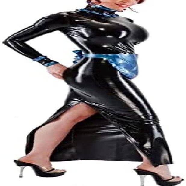 Latex Long Dress with Front Apron, Two Back Zippers, Black and Blue, XXL