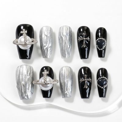 Sun&Beam Handmade Press-On Nails, Medium Ballerina, Black (#044 L)