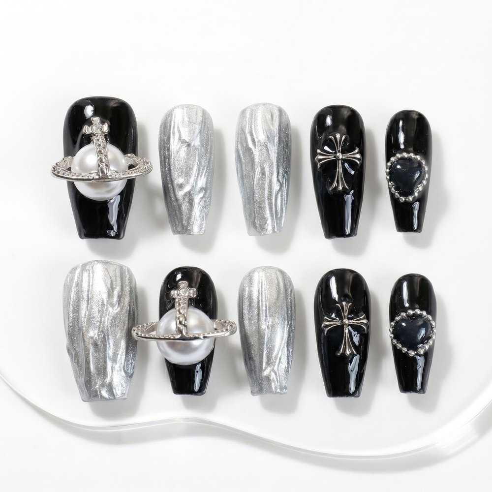 Sun&Beam Handmade Press-On Nails, Medium Ballerina, Black (#044 L)